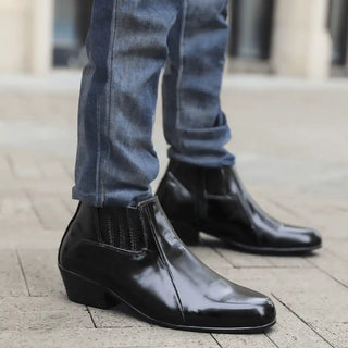 Black leather heeled boots.