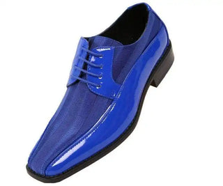 Blue patent leather dress shoe.