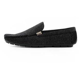 Black Velvet Mens Slip On Dress Shoe with Glitter and Gold Ring Side View