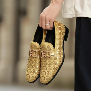 Gold woven loafers.